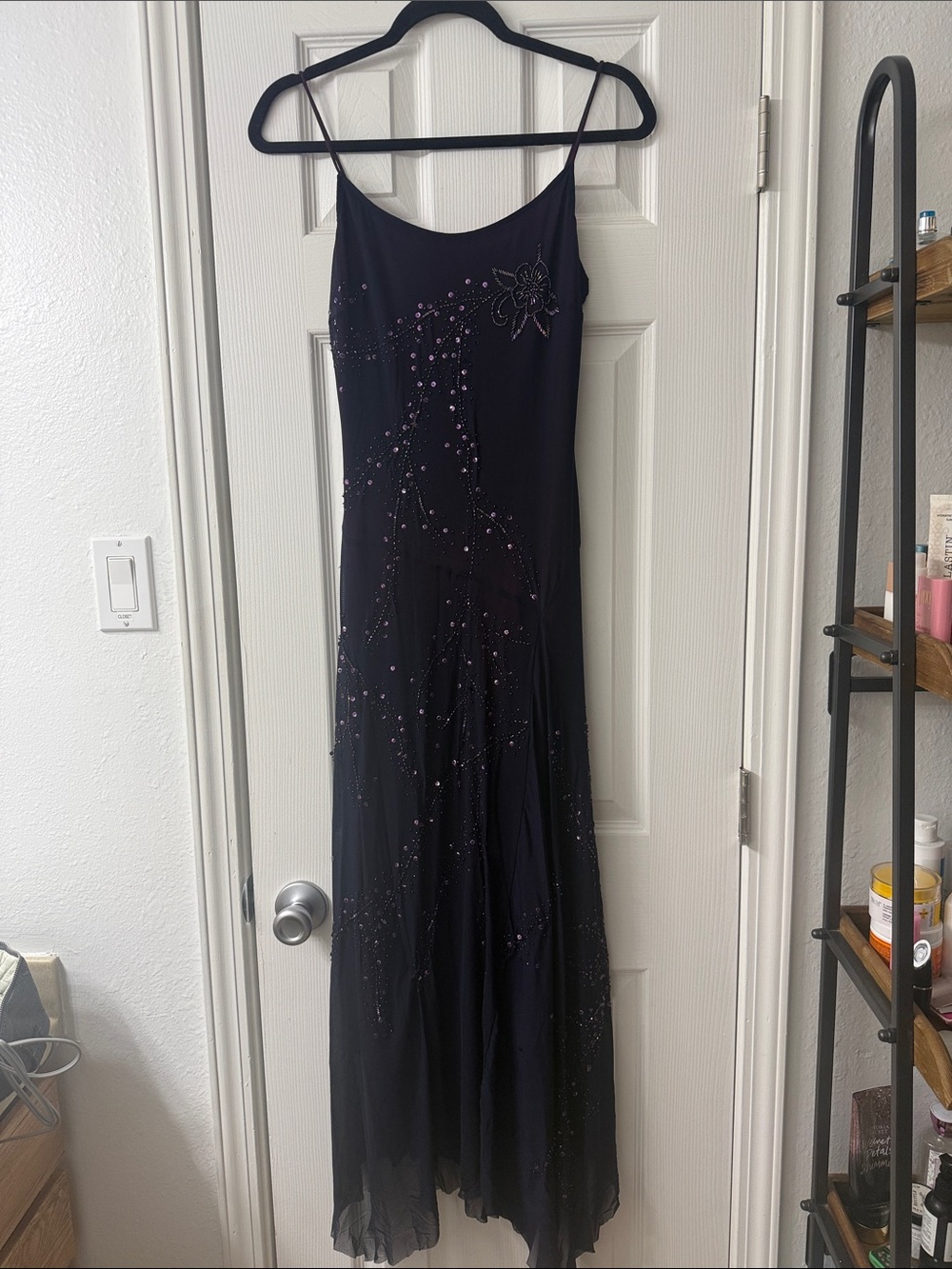 Navy Blue/Purple Beaded Maxi Dress with Sparkle Accents
